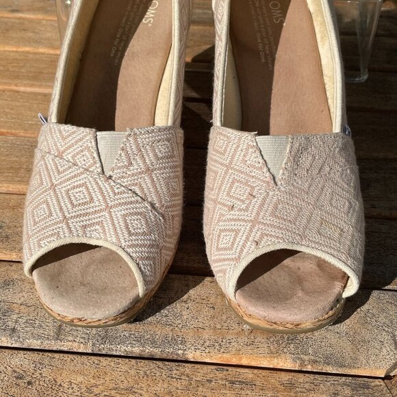 Toms Peep Toe Cork Espadrille Wedge Tan Diamond Aztec Pattern Fabric Women's W10 - Picture 3 of 12